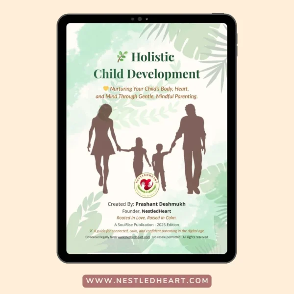 Illustrated parenting book cover for Holistic Child Development eBook with family and growth theme