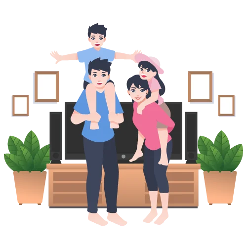 Illustrated parenting toolkit with parents and children using helpful parenting resources.